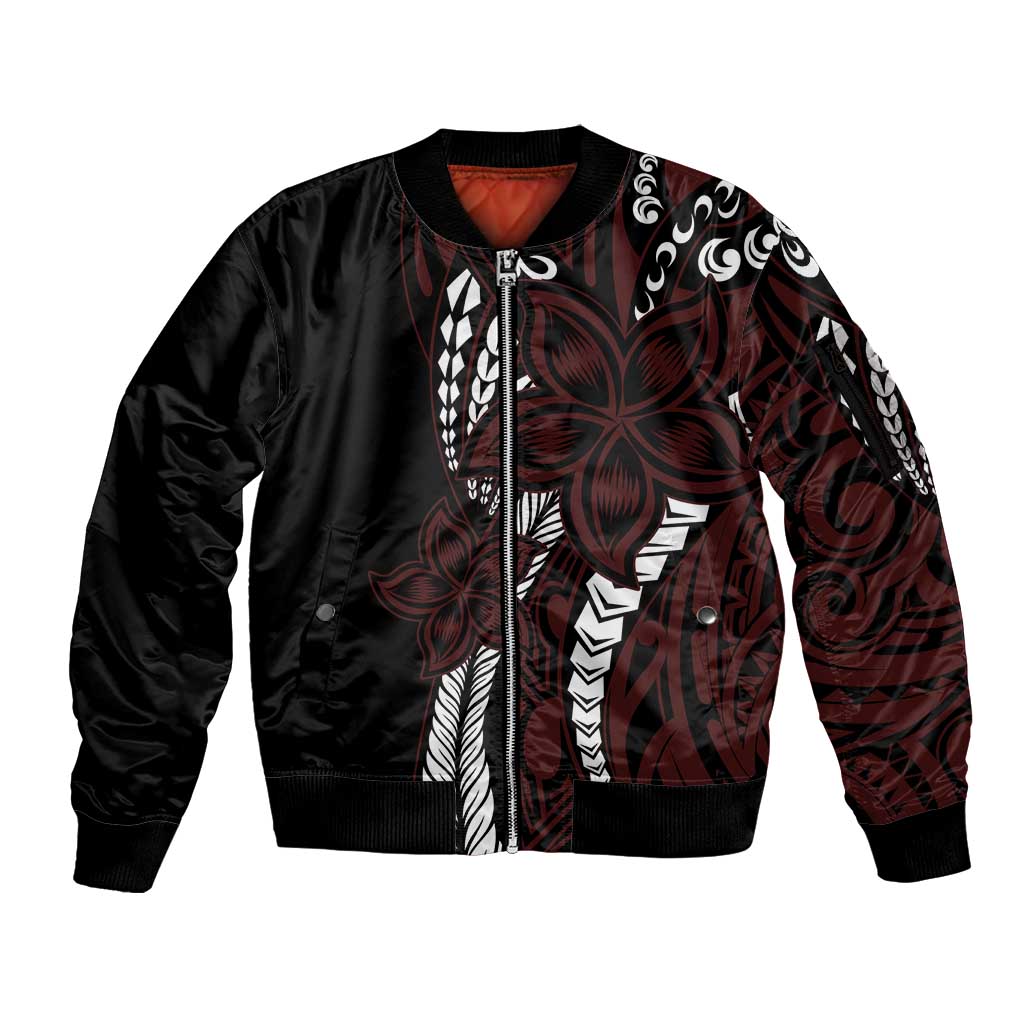 Polynesian Plumeria Floral Tattoo Pattern Sleeve Zip Bomber Jacket Oxblood Style