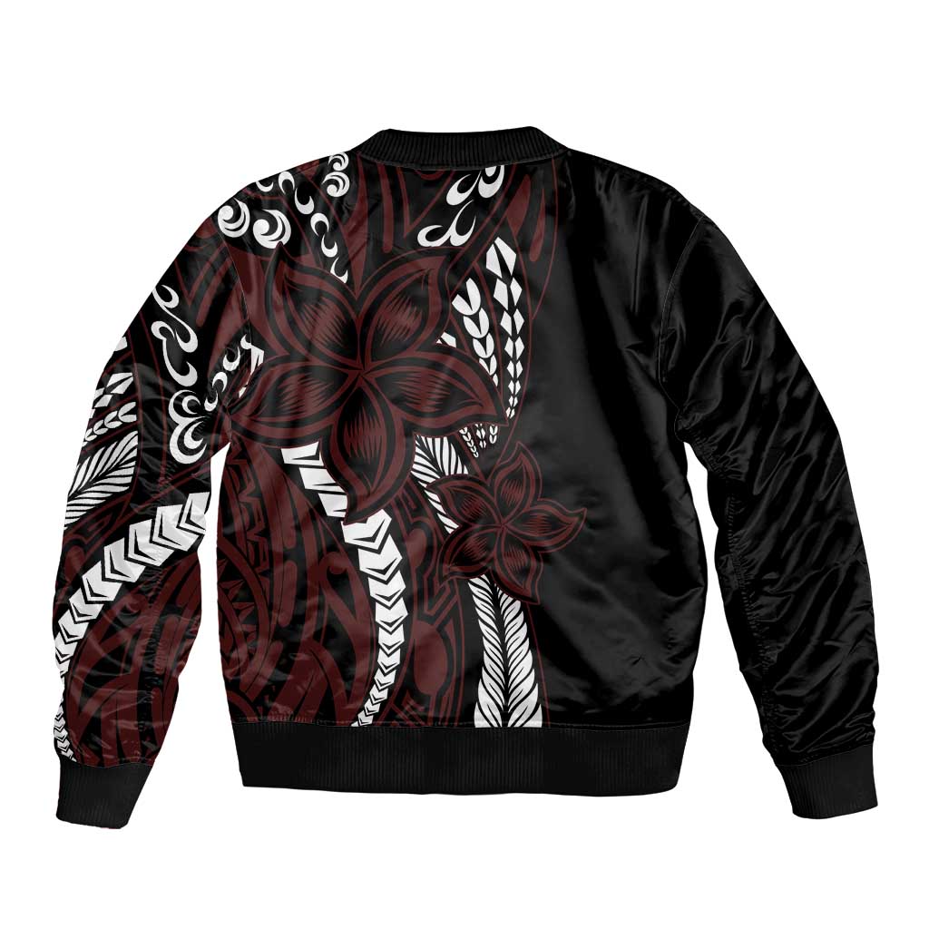 Polynesian Plumeria Floral Tattoo Pattern Sleeve Zip Bomber Jacket Oxblood Style