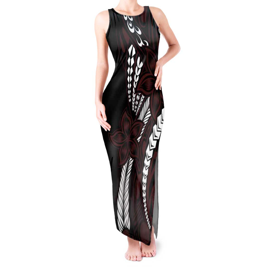 Polynesian Plumeria Floral Tattoo Pattern Tank Maxi Dress Oxblood Style LT9 Women Oxblood - Polynesian Pride