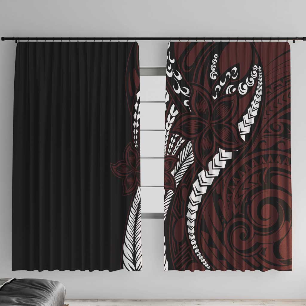 Polynesian Plumeria Floral Tattoo Pattern Window Curtain Oxblood Style LT9 With Hooks Oxblood - Polynesian Pride