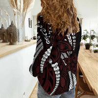 Polynesian Plumeria Floral Tattoo Pattern Women Casual Shirt Oxblood Style