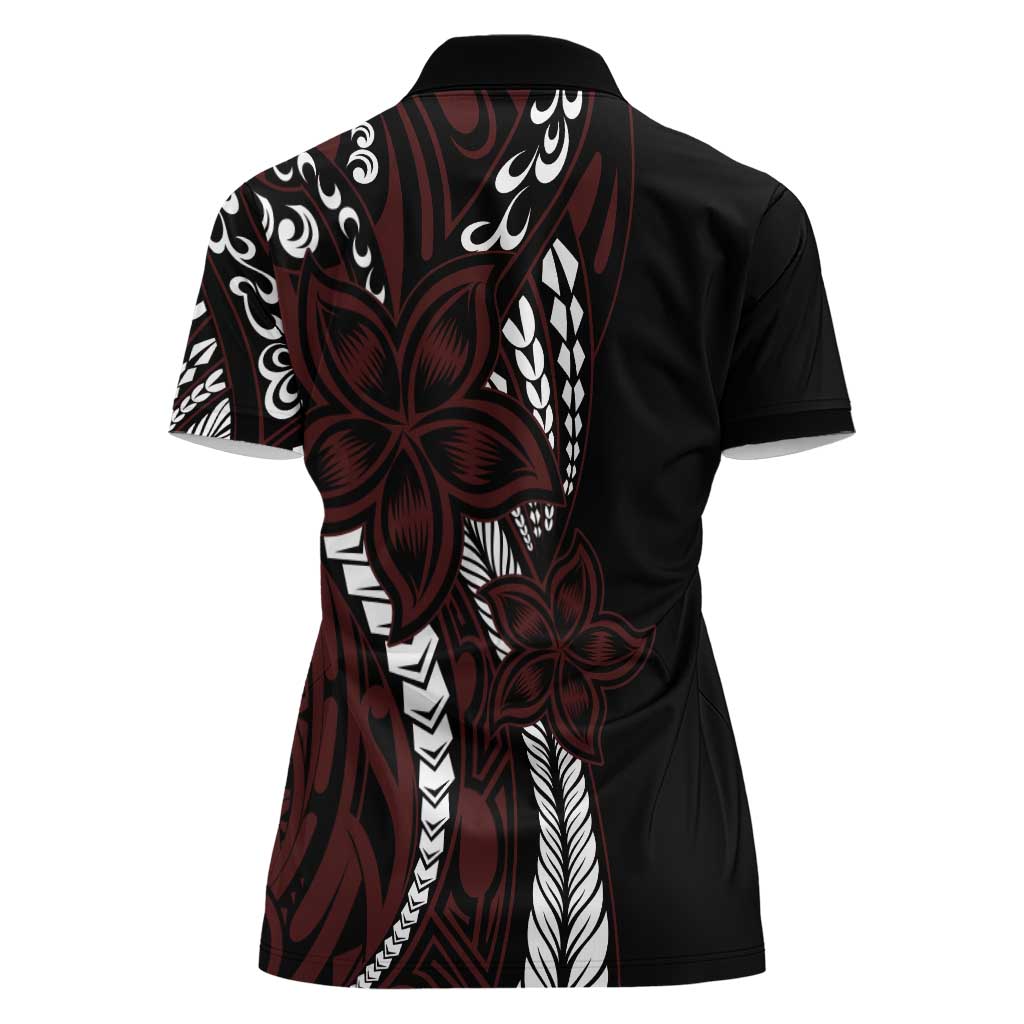 Polynesian Plumeria Floral Tattoo Pattern Women Polo Shirt Oxblood Style