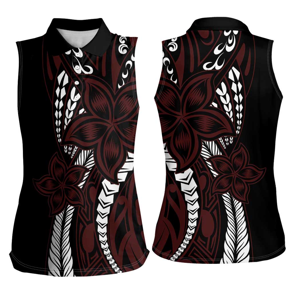 Polynesian Plumeria Floral Tattoo Pattern Women Sleeveless Polo Shirt Oxblood Style