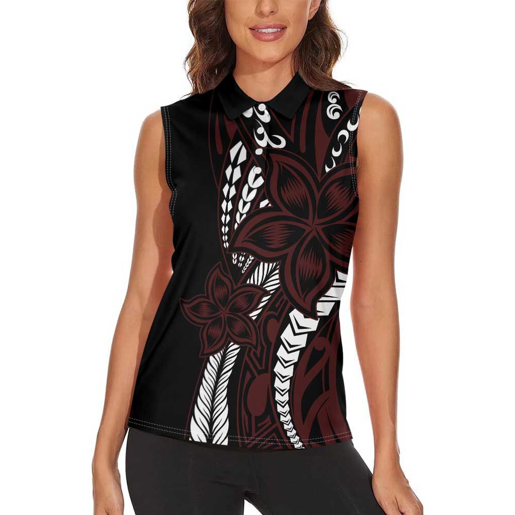 Polynesian Plumeria Floral Tattoo Pattern Women Sleeveless Polo Shirt Oxblood Style