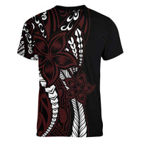 Polynesian Plumeria Floral Tattoo Pattern Women V-Neck T-Shirt Oxblood Style