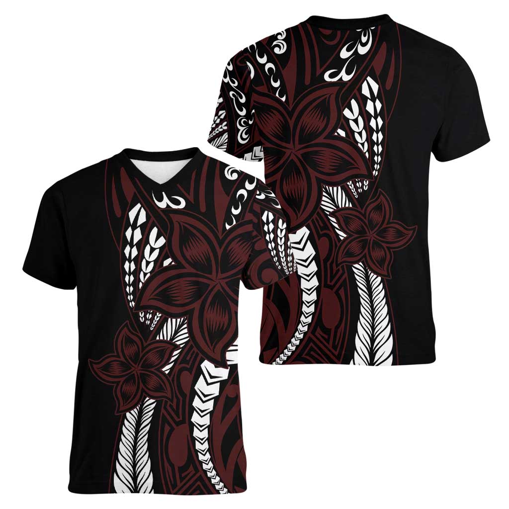 Polynesian Plumeria Floral Tattoo Pattern Women V-Neck T-Shirt Oxblood Style