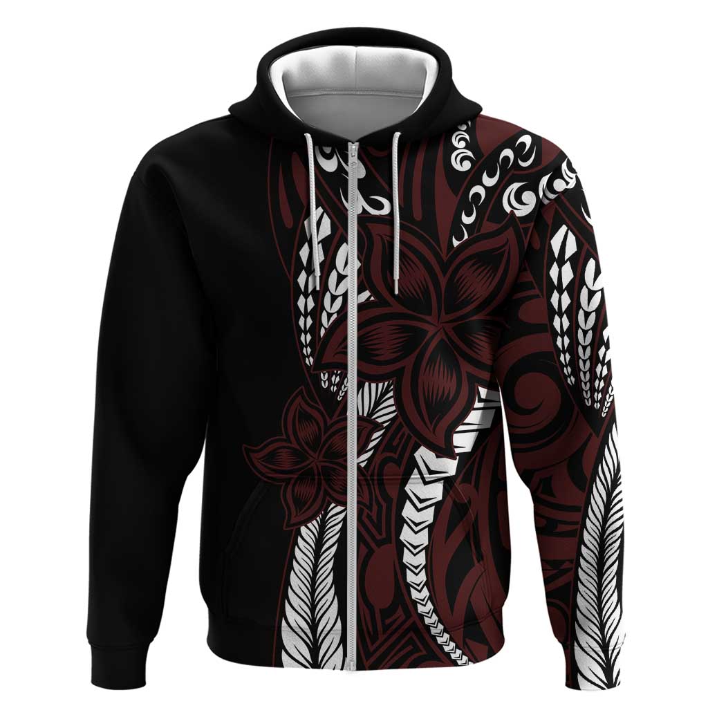 Polynesian Plumeria Floral Tattoo Pattern Zip Hoodie Oxblood Style
