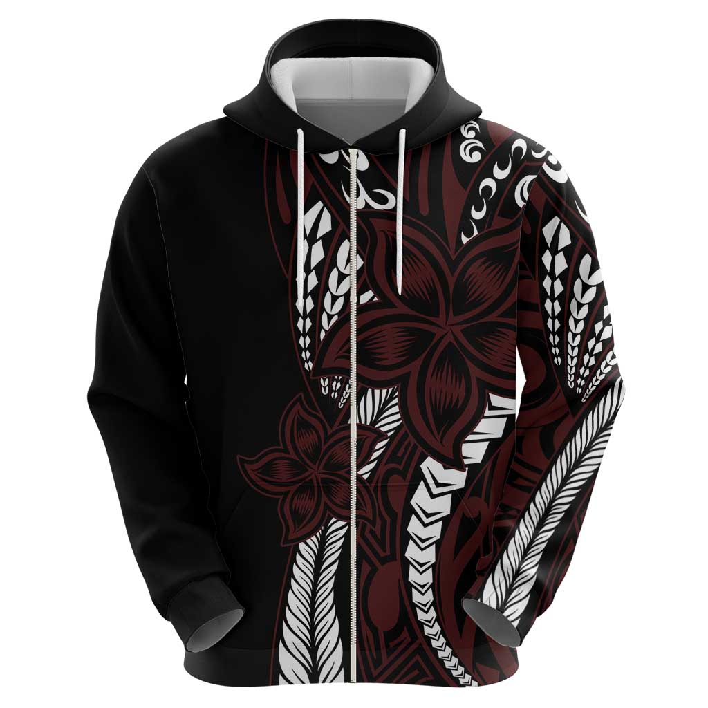 Polynesian Plumeria Floral Tattoo Pattern Zip Hoodie Oxblood Style