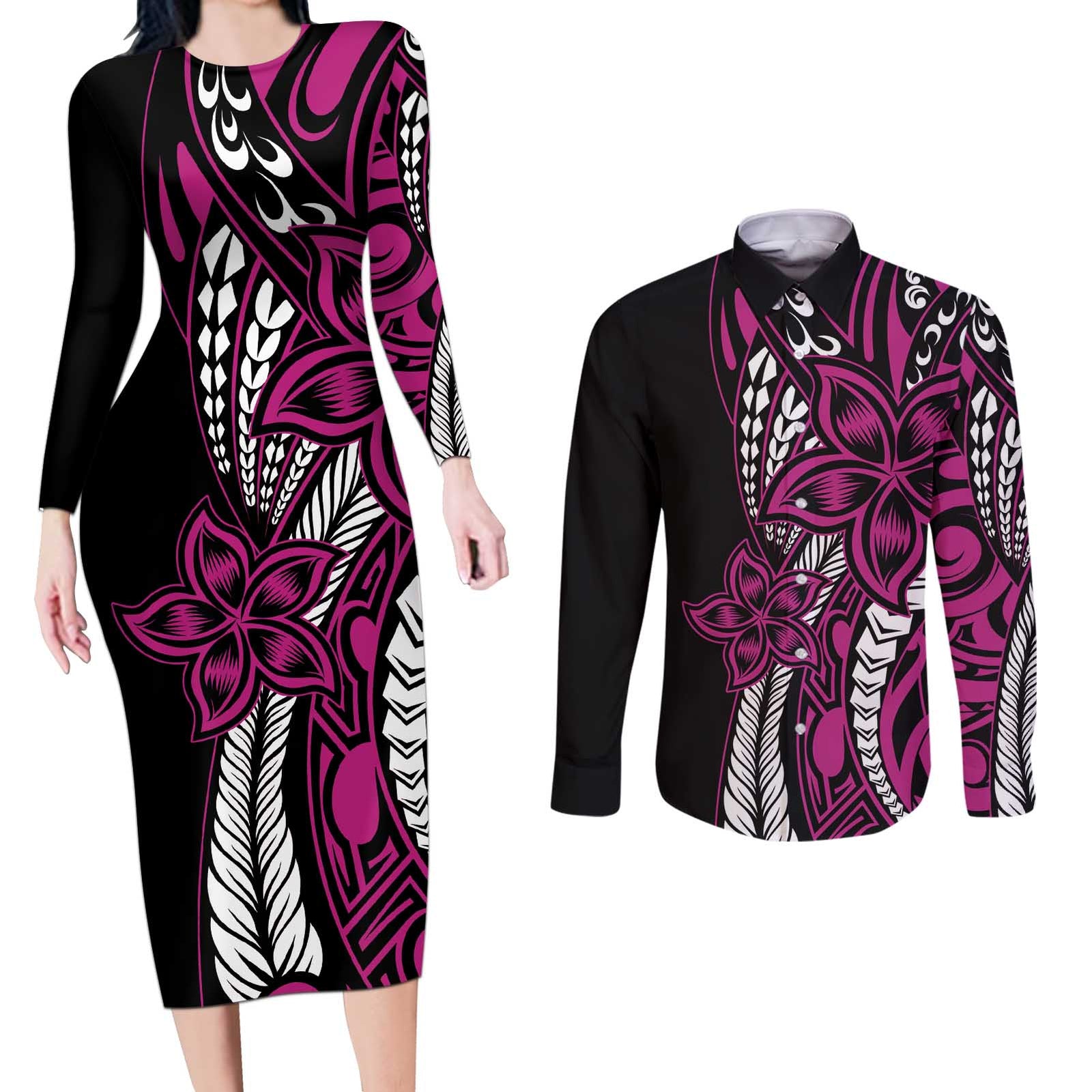 Polynesian Plumeria Floral Tattoo Pattern Couples Matching Long Sleeve Bodycon Dress and Long Sleeve Button Shirt Pink Style LT9 Pink - Polynesian Pride