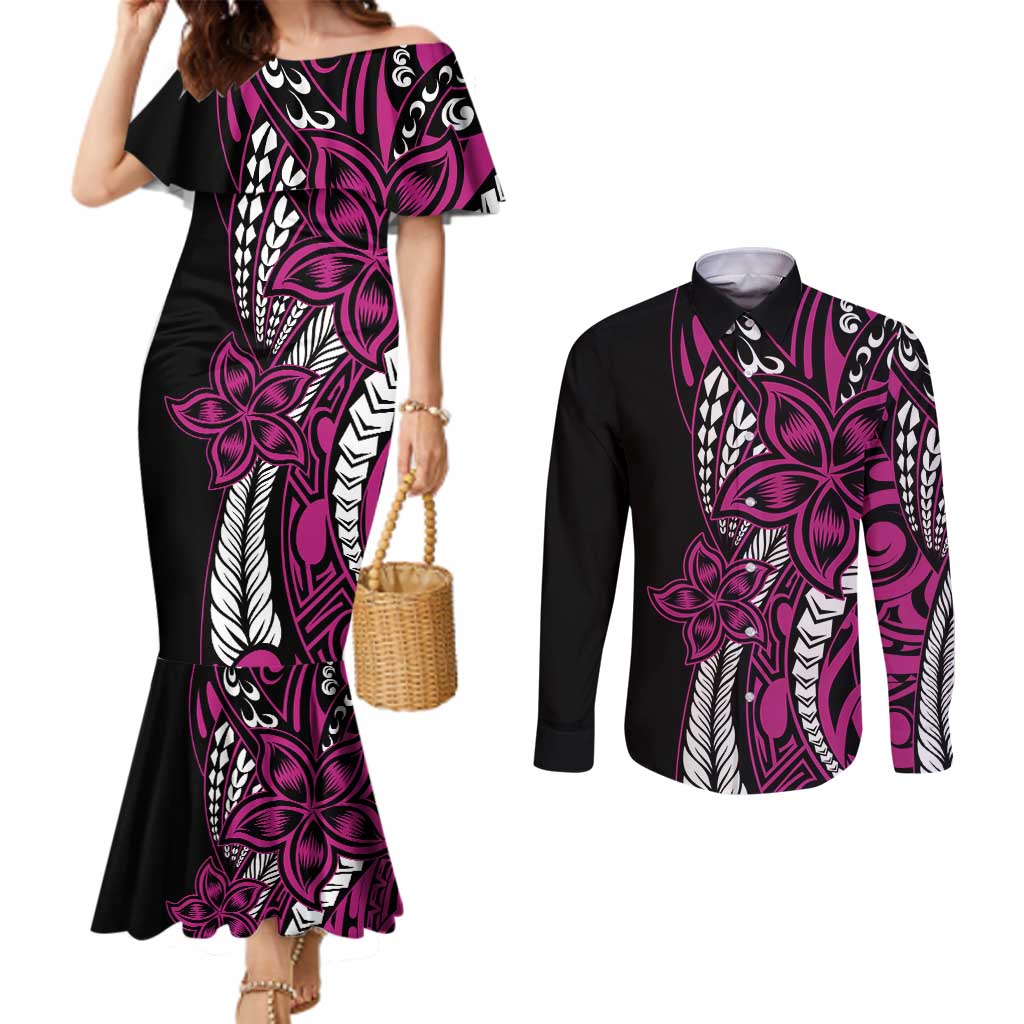Polynesian Plumeria Floral Tattoo Pattern Couples Matching Mermaid Dress and Long Sleeve Button Shirt Pink Style LT9 Pink - Polynesian Pride