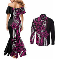 Polynesian Plumeria Floral Tattoo Pattern Couples Matching Mermaid Dress and Long Sleeve Button Shirt Pink Style LT9 - Polynesian Pride