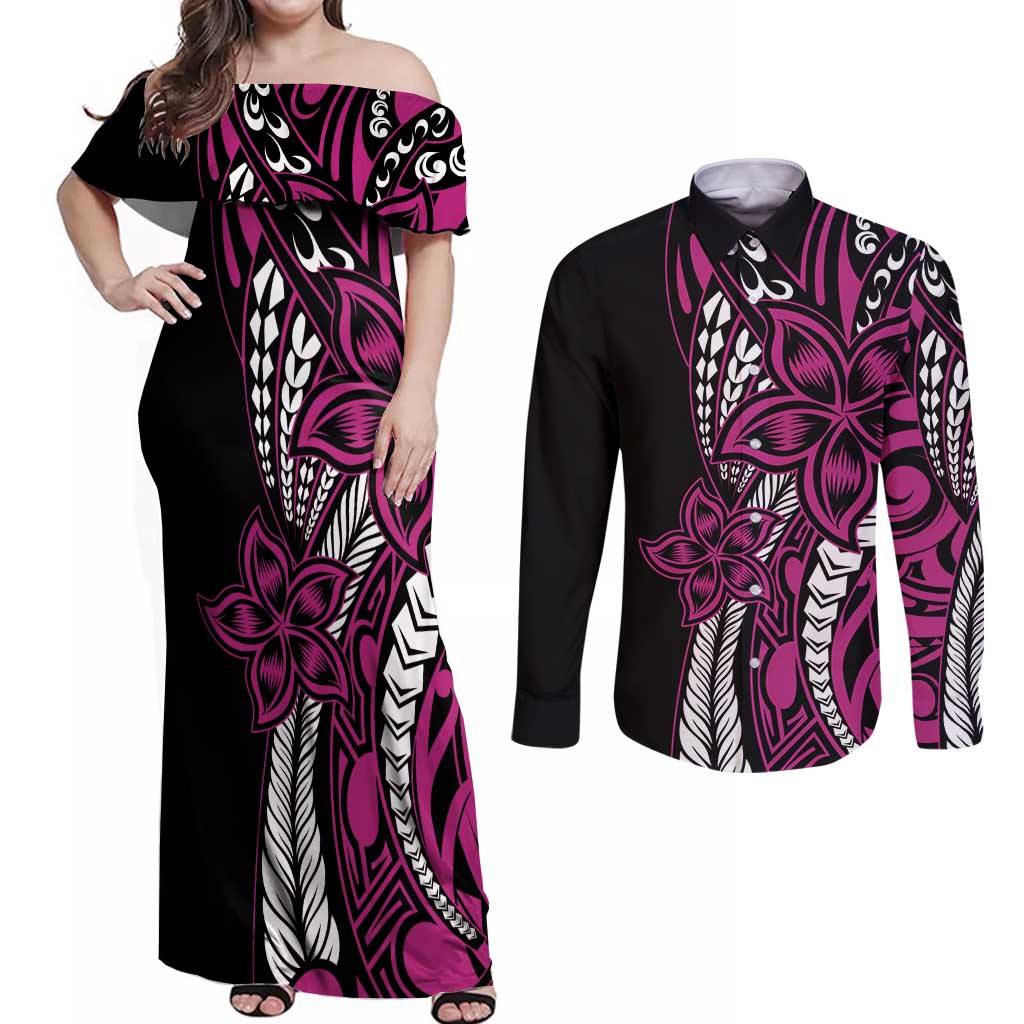 Polynesian Plumeria Floral Tattoo Pattern Couples Matching Off Shoulder Maxi Dress and Long Sleeve Button Shirt Pink Style LT9 Pink - Polynesian Pride