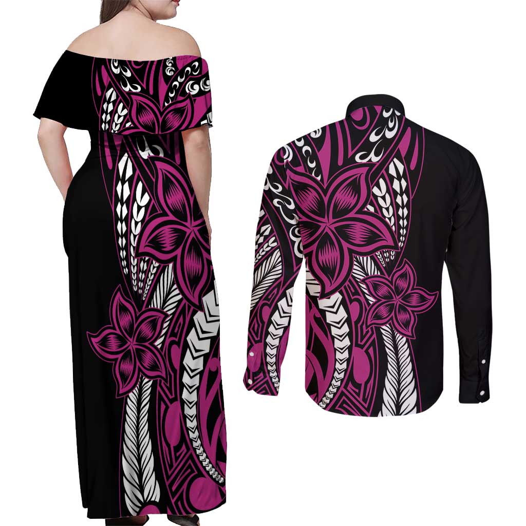 Polynesian Plumeria Floral Tattoo Pattern Couples Matching Off Shoulder Maxi Dress and Long Sleeve Button Shirt Pink Style LT9 - Polynesian Pride