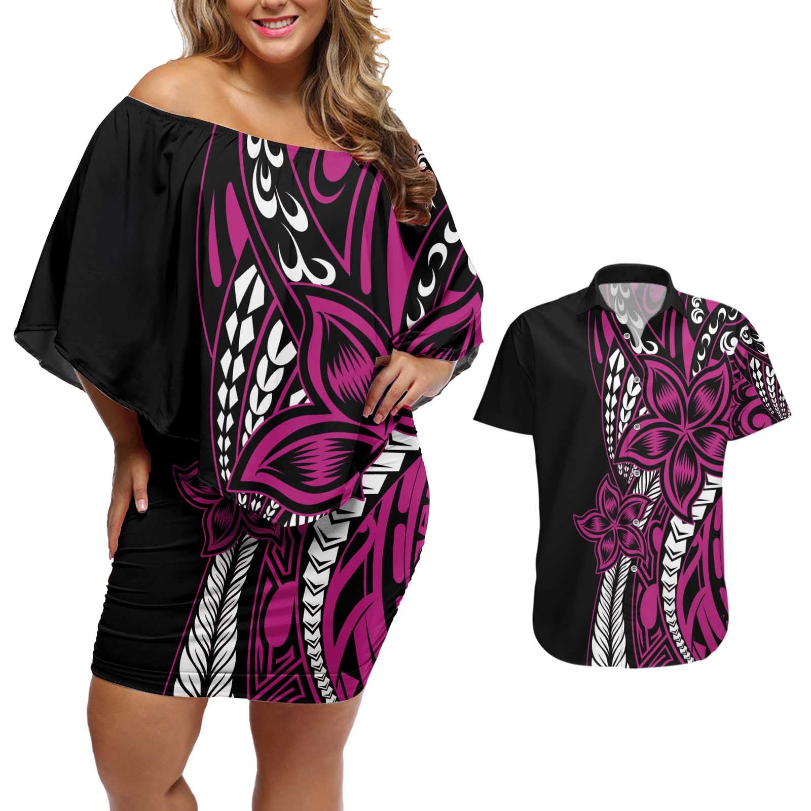 Polynesian Plumeria Floral Tattoo Pattern Couples Matching Off Shoulder Short Dress and Hawaiian Shirt Pink Style LT9 Pink - Polynesian Pride