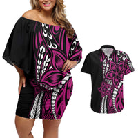 Polynesian Plumeria Floral Tattoo Pattern Couples Matching Off Shoulder Short Dress and Hawaiian Shirt Pink Style LT9 Pink - Polynesian Pride