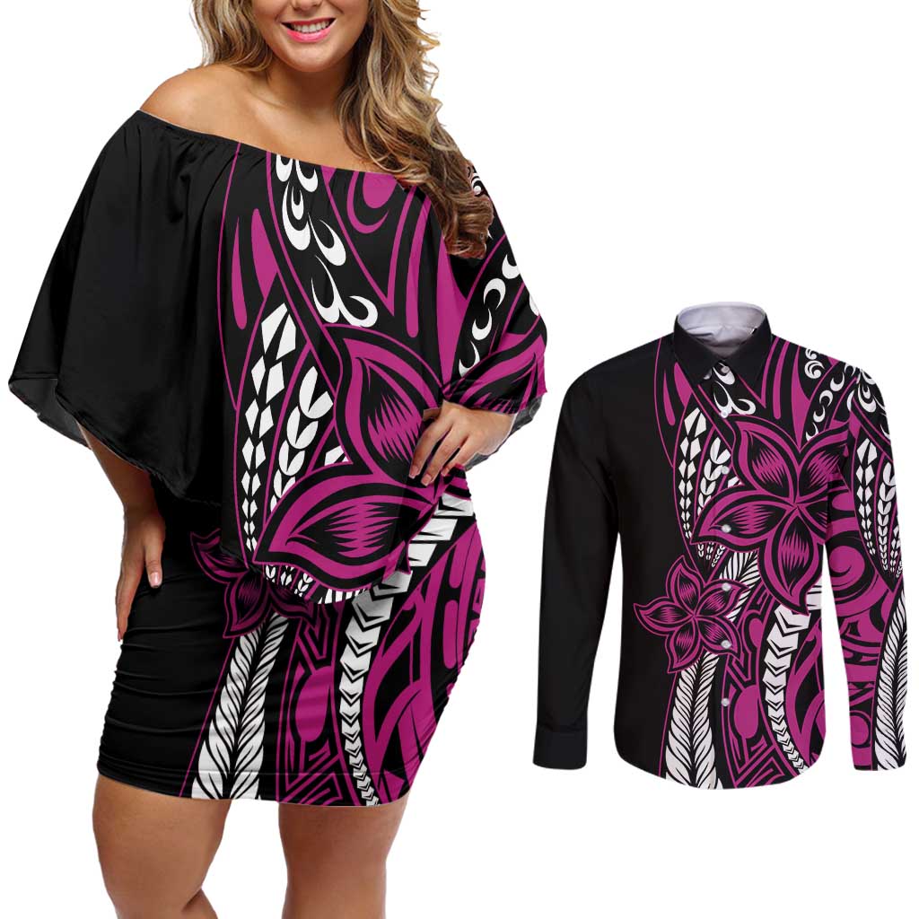 Polynesian Plumeria Floral Tattoo Pattern Couples Matching Off Shoulder Short Dress and Long Sleeve Button Shirt Pink Style LT9 Pink - Polynesian Pride