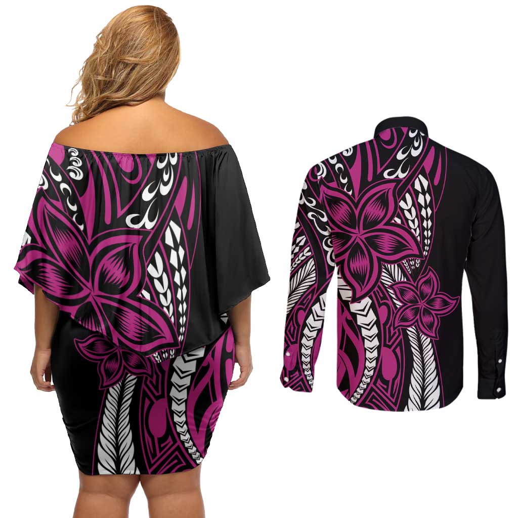 Polynesian Plumeria Floral Tattoo Pattern Couples Matching Off Shoulder Short Dress and Long Sleeve Button Shirt Pink Style