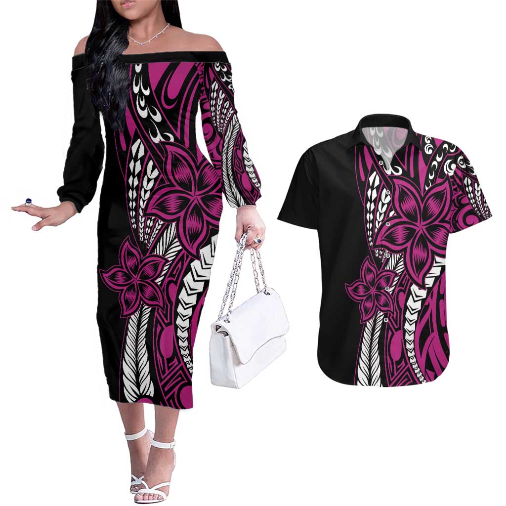 Polynesian Plumeria Floral Tattoo Pattern Couples Matching Off The Shoulder Long Sleeve Dress and Hawaiian Shirt Pink Style LT9 Pink - Polynesian Pride