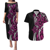 Polynesian Plumeria Floral Tattoo Pattern Couples Matching Puletasi and Hawaiian Shirt Pink Style LT9 Pink - Polynesian Pride