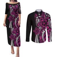 Polynesian Plumeria Floral Tattoo Pattern Couples Matching Puletasi and Long Sleeve Button Shirt Pink Style LT9 Pink - Polynesian Pride