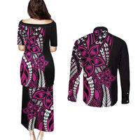 Polynesian Plumeria Floral Tattoo Pattern Couples Matching Puletasi and Long Sleeve Button Shirt Pink Style LT9 - Polynesian Pride