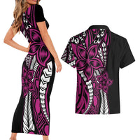 Polynesian Plumeria Floral Tattoo Pattern Couples Matching Short Sleeve Bodycon Dress and Hawaiian Shirt Pink Style LT9 - Polynesian Pride
