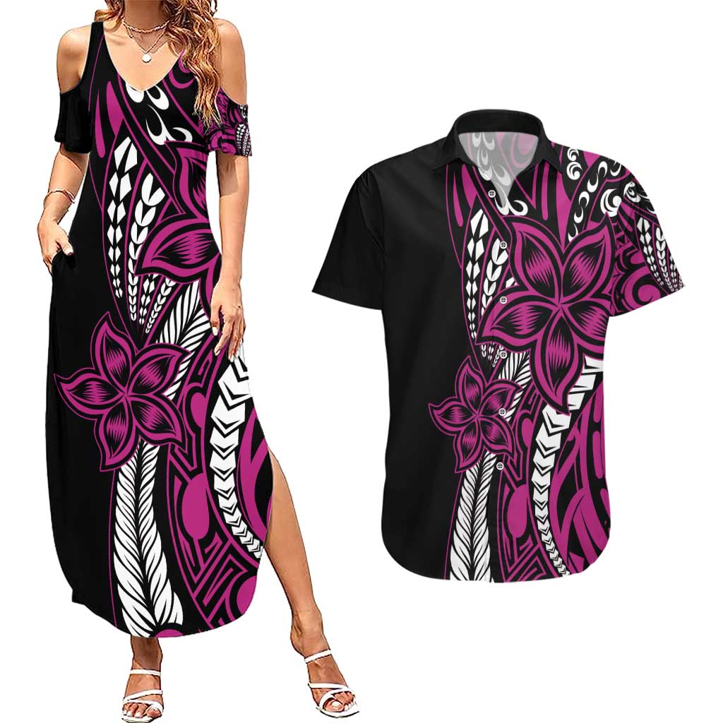 Polynesian Plumeria Floral Tattoo Pattern Couples Matching Summer Maxi Dress and Hawaiian Shirt Pink Style LT9 Pink - Polynesian Pride