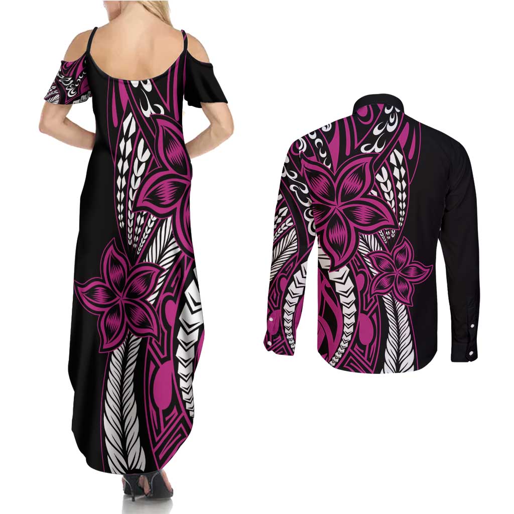Polynesian Plumeria Floral Tattoo Pattern Couples Matching Summer Maxi Dress and Long Sleeve Button Shirt Pink Style LT9 - Polynesian Pride