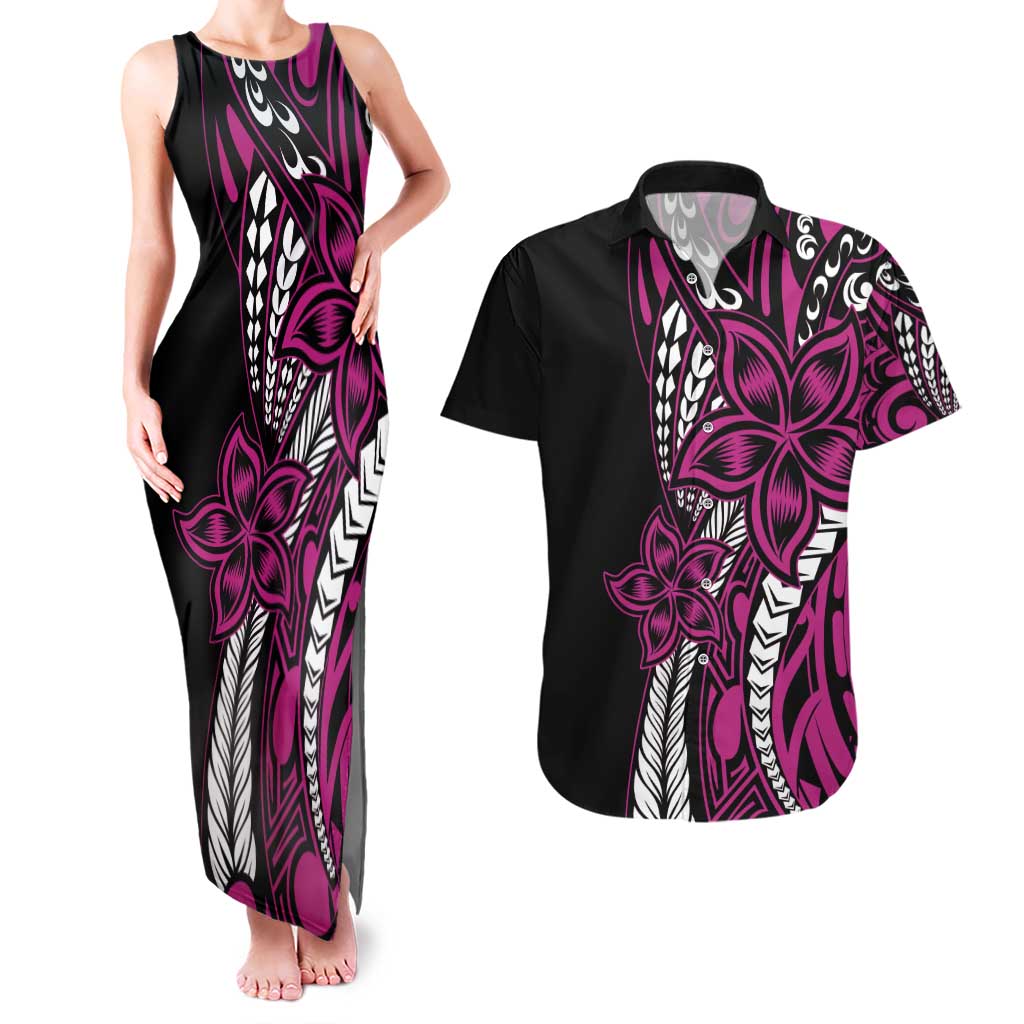 Polynesian Plumeria Floral Tattoo Pattern Couples Matching Tank Maxi Dress and Hawaiian Shirt Pink Style LT9 Pink - Polynesian Pride