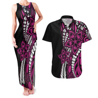 Polynesian Plumeria Floral Tattoo Pattern Couples Matching Tank Maxi Dress and Hawaiian Shirt Pink Style LT9 Pink - Polynesian Pride