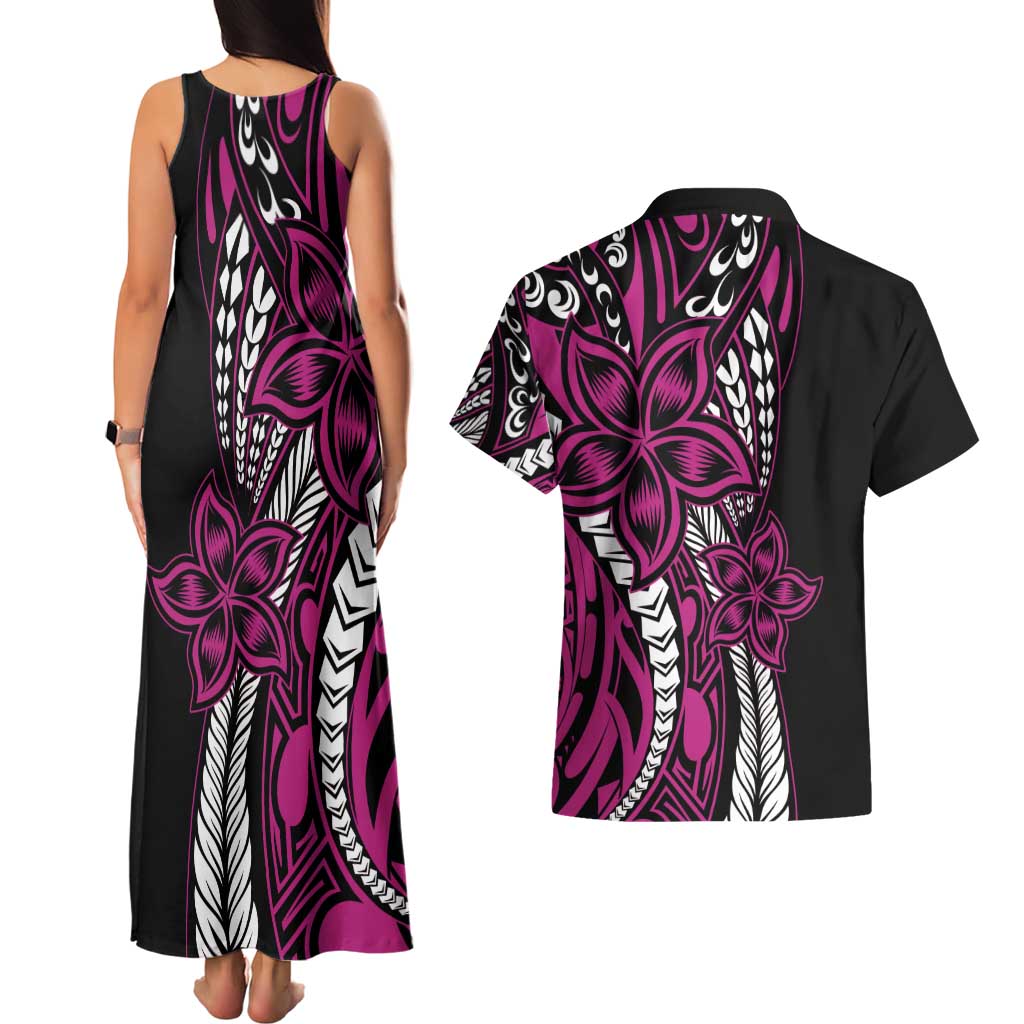 Polynesian Plumeria Floral Tattoo Pattern Couples Matching Tank Maxi Dress and Hawaiian Shirt Pink Style LT9 - Polynesian Pride