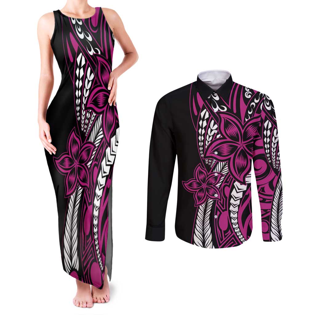 Polynesian Plumeria Floral Tattoo Pattern Couples Matching Tank Maxi Dress and Long Sleeve Button Shirt Pink Style LT9 Pink - Polynesian Pride