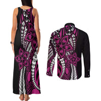 Polynesian Plumeria Floral Tattoo Pattern Couples Matching Tank Maxi Dress and Long Sleeve Button Shirt Pink Style LT9 - Polynesian Pride