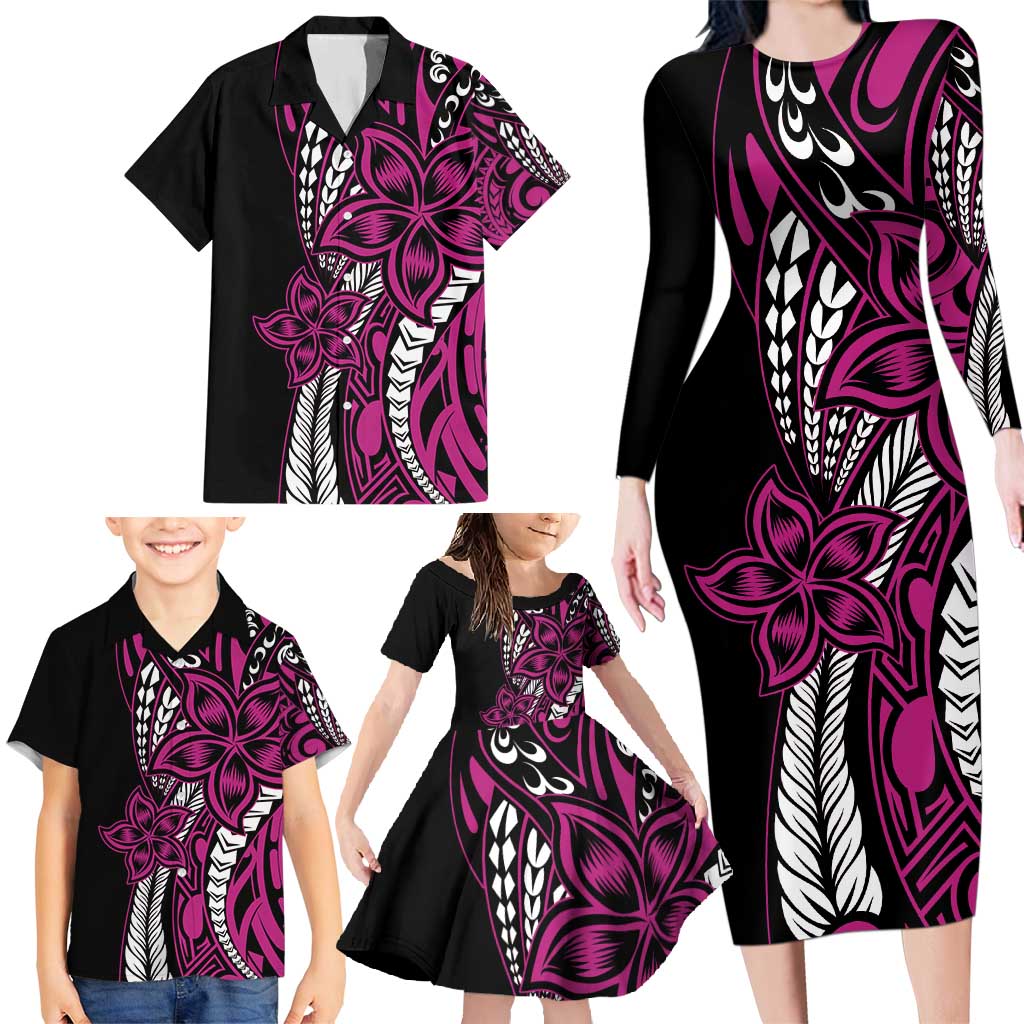 Polynesian Plumeria Floral Tattoo Pattern Family Matching Long Sleeve Bodycon Dress and Hawaiian Shirt Pink Style