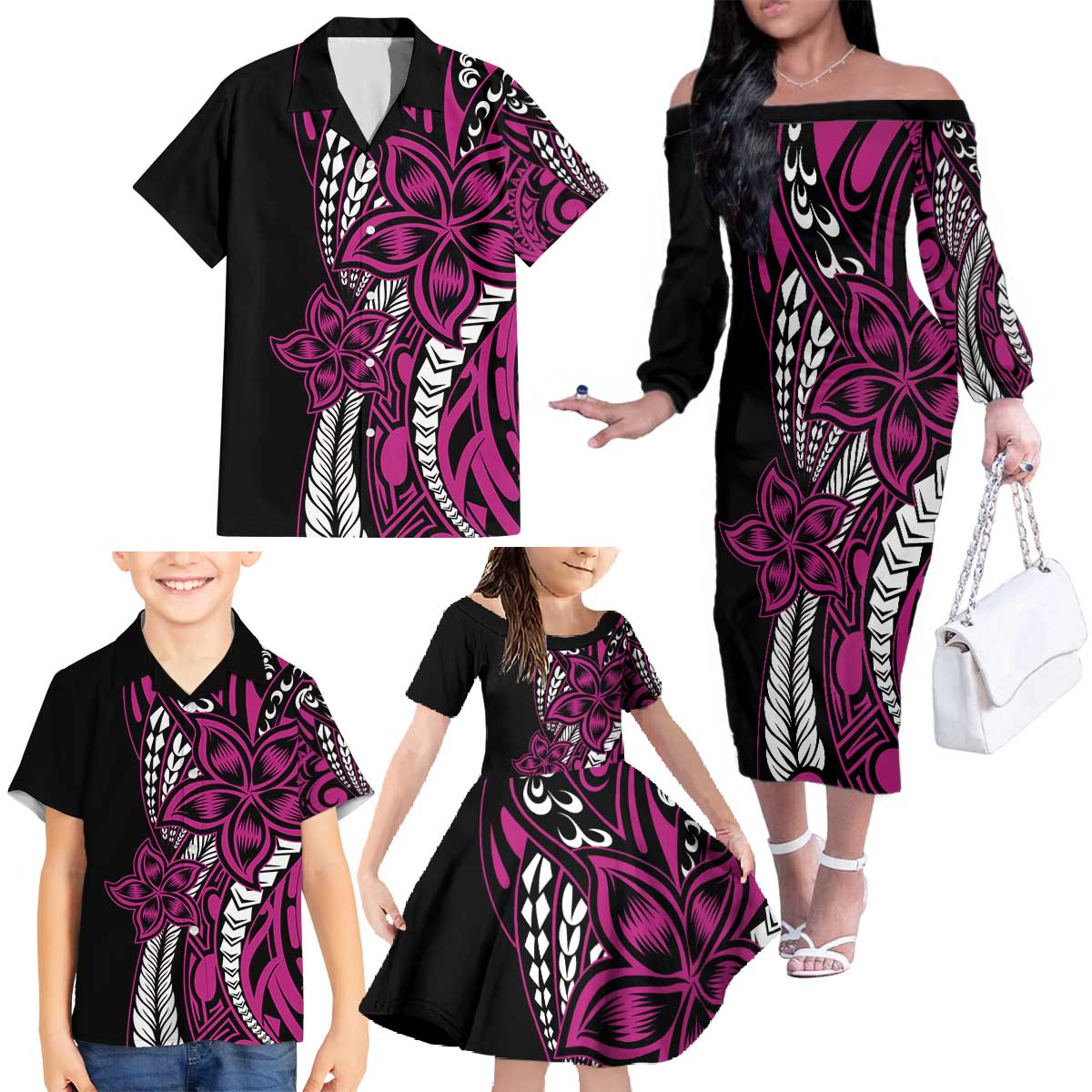 Polynesian Plumeria Floral Tattoo Pattern Family Matching Off The Shoulder Long Sleeve Dress and Hawaiian Shirt Pink Style