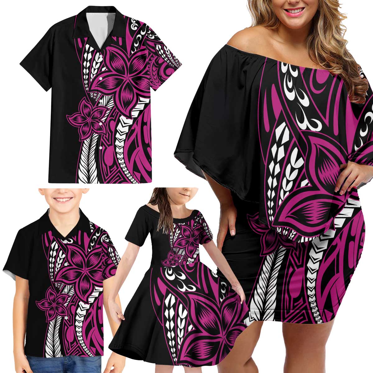Polynesian Plumeria Floral Tattoo Pattern Family Matching Off Shoulder Short Dress and Hawaiian Shirt Pink Style LT9 - Polynesian Pride