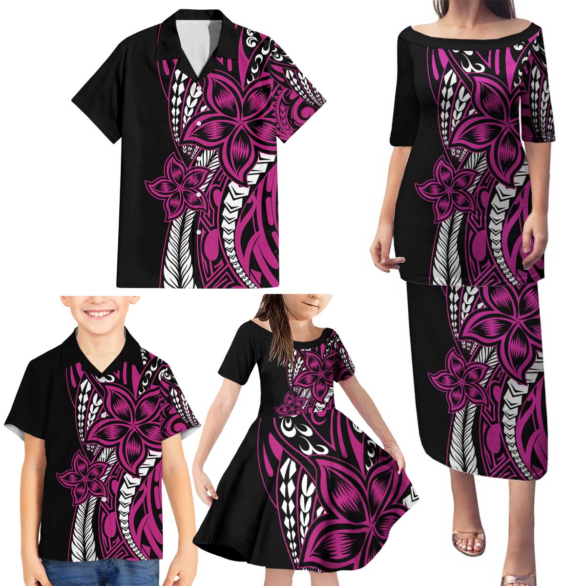 Polynesian Plumeria Floral Tattoo Pattern Family Matching Puletasi and Hawaiian Shirt Pink Style LT9 - Polynesian Pride
