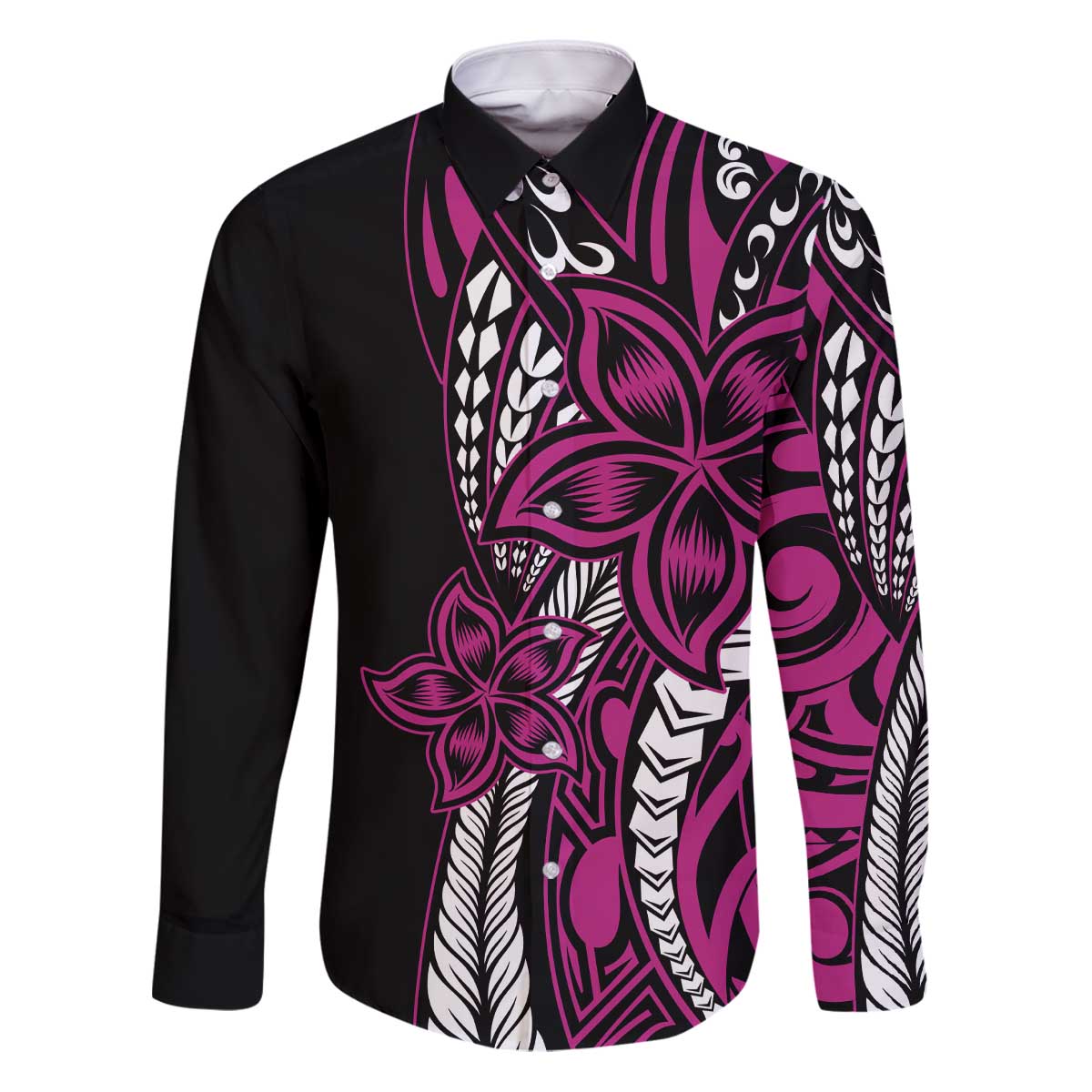 Polynesian Plumeria Floral Tattoo Pattern Family Matching Puletasi and Hawaiian Shirt Pink Style LT9 Dad's Shirt - Long Sleeve Pink - Polynesian Pride