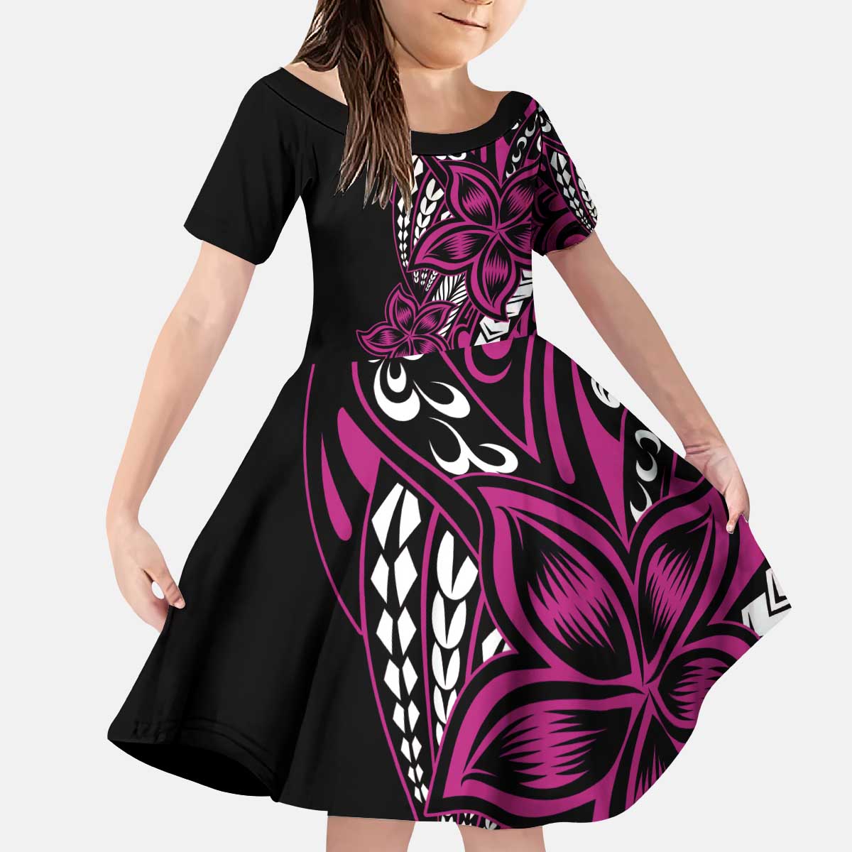 Polynesian Plumeria Floral Tattoo Pattern Kid Short Sleeve Dress Pink Style