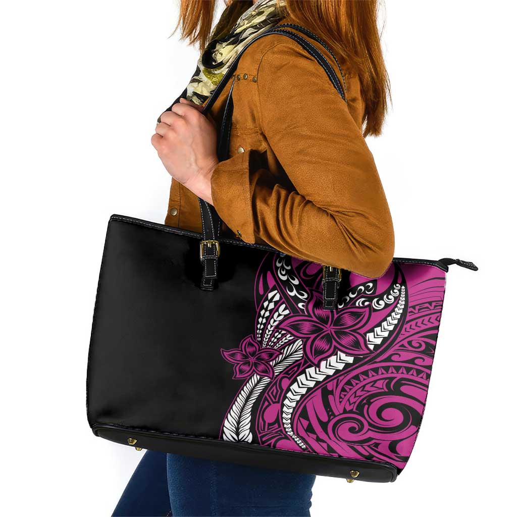 Polynesian Plumeria Floral Tattoo Pattern Leather Tote Bag Pink Style