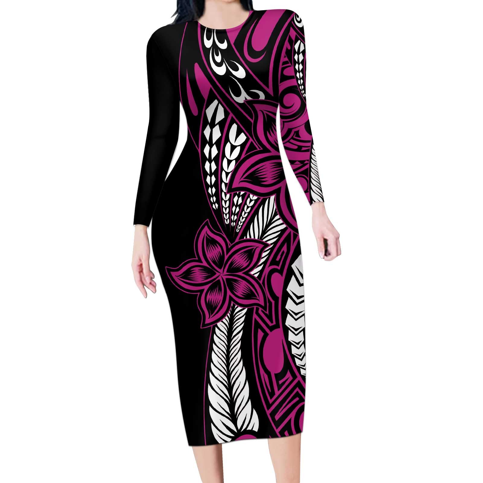 Polynesian Plumeria Floral Tattoo Pattern Long Sleeve Bodycon Dress Pink Style