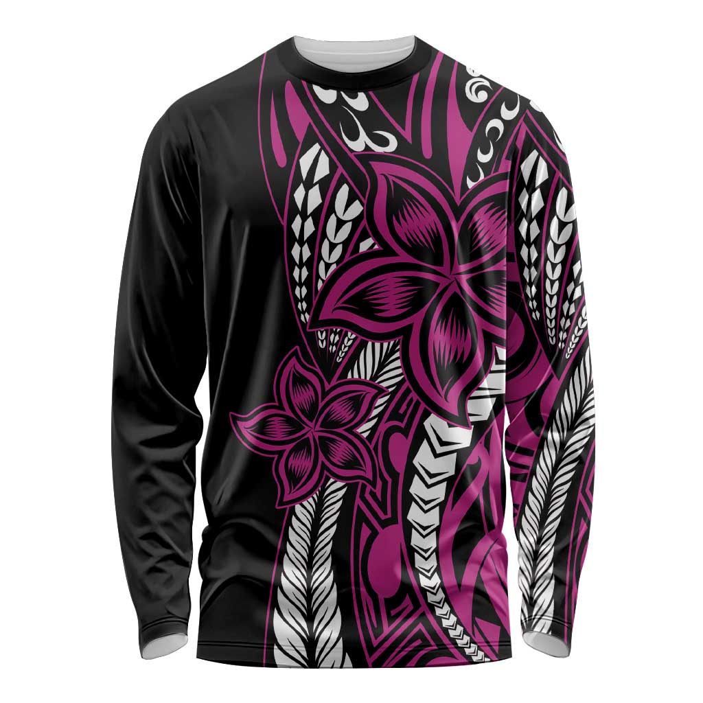 Polynesian Plumeria Floral Tattoo Pattern Long Sleeve Shirt Pink Style