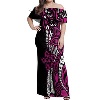 Polynesian Plumeria Floral Tattoo Pattern Off Shoulder Maxi Dress Pink Style
