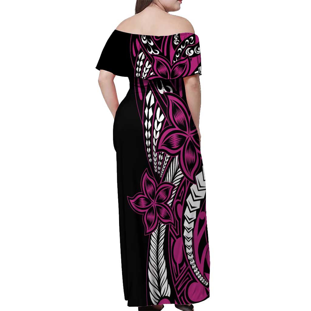 Polynesian Plumeria Floral Tattoo Pattern Off Shoulder Maxi Dress Pink Style