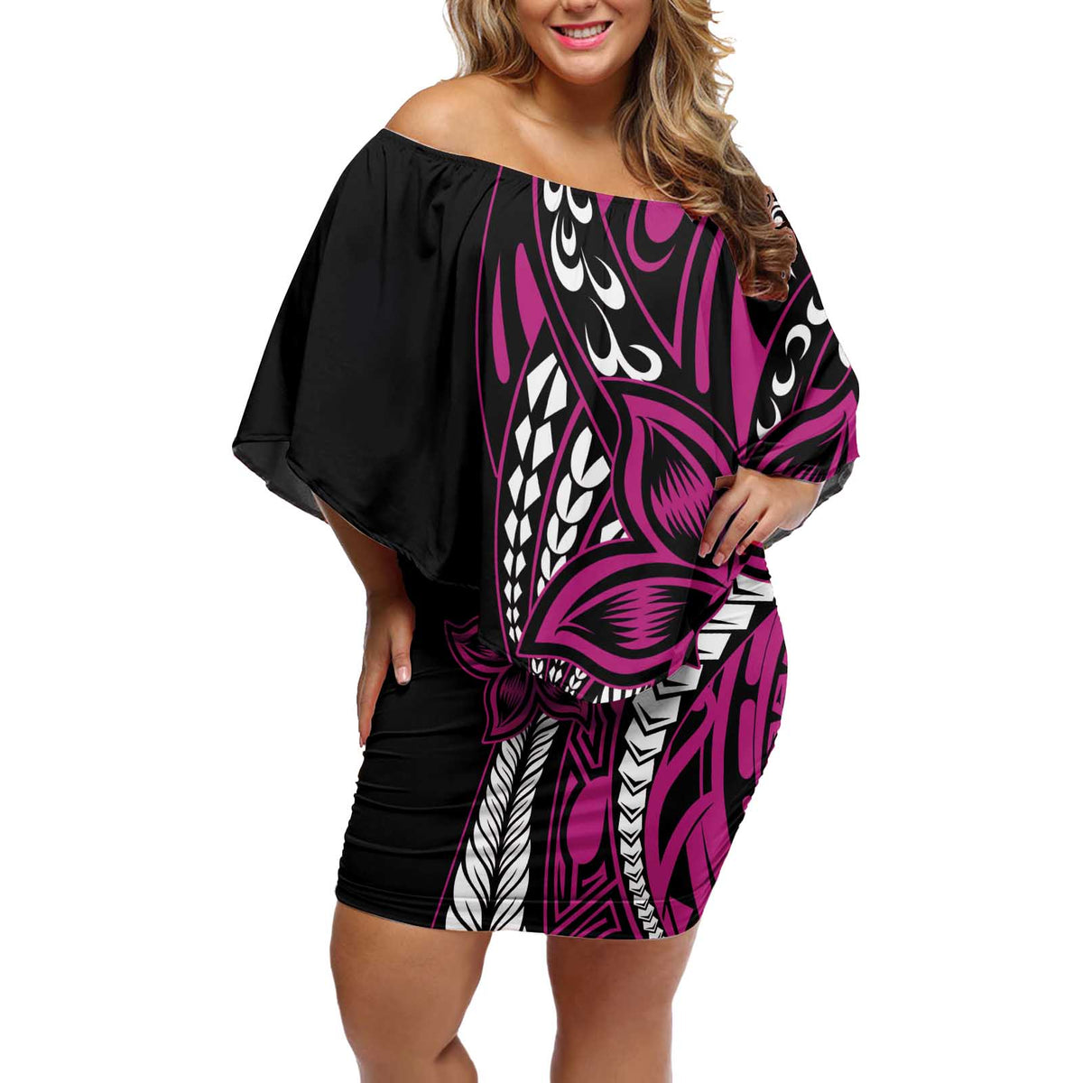 Polynesian Plumeria Floral Tattoo Pattern Off Shoulder Short Dress Pink Style LT9 Women Pink - Polynesian Pride