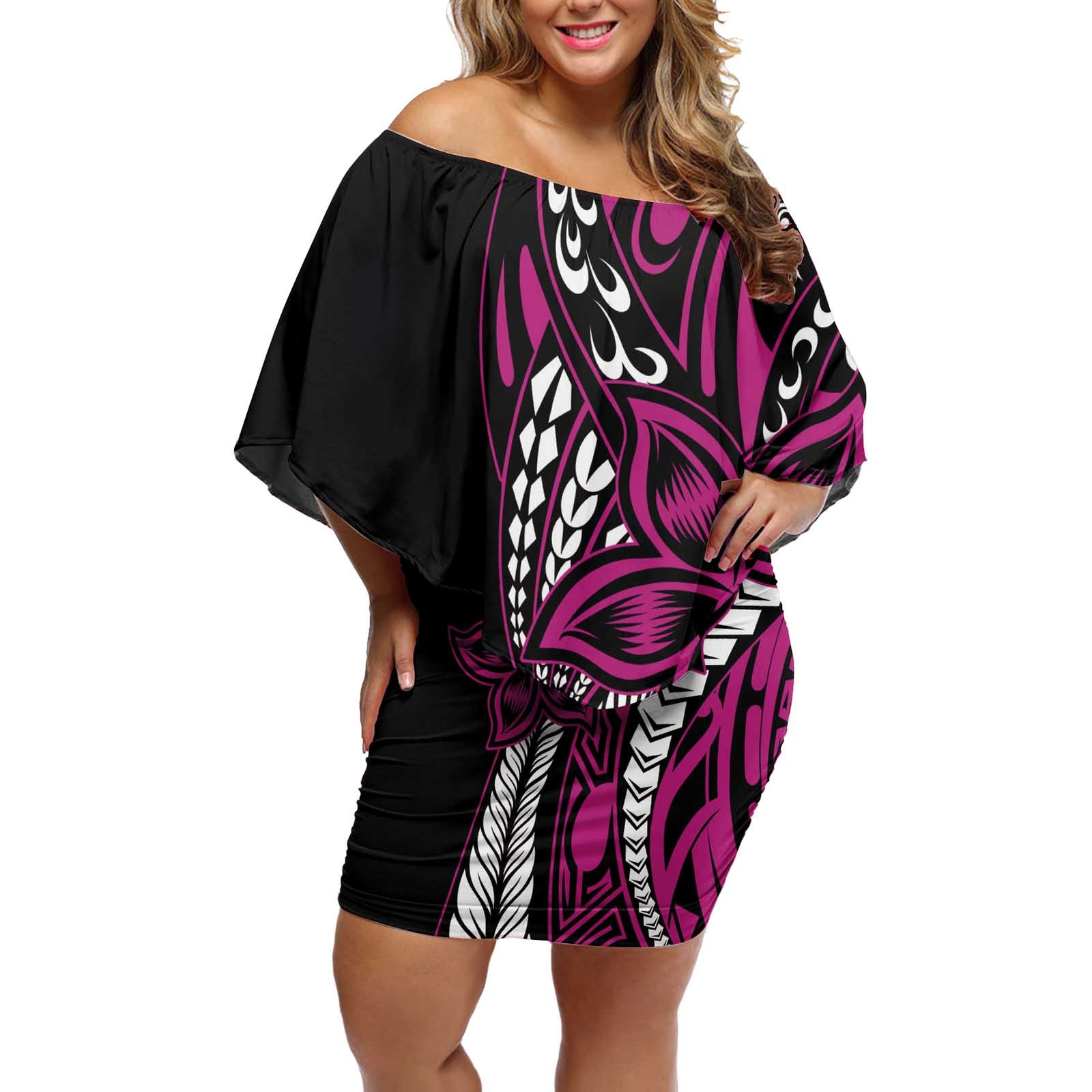 Polynesian Plumeria Floral Tattoo Pattern Off Shoulder Short Dress Pink Style LT9 Women Pink - Polynesian Pride