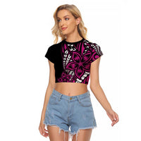 Polynesian Plumeria Floral Tattoo Pattern Raglan Cropped T Shirt Pink Style
