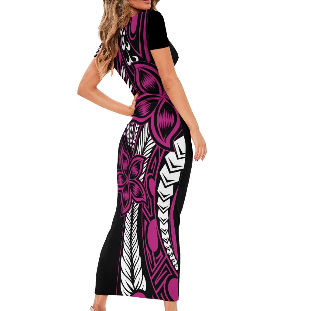 Polynesian Plumeria Floral Tattoo Pattern Short Sleeve Bodycon Dress Pink Style