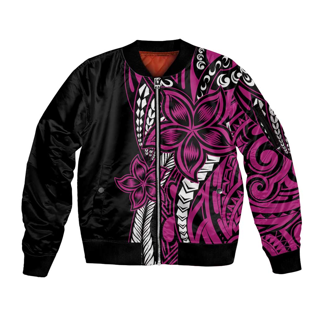 Polynesian Plumeria Floral Tattoo Pattern Sleeve Zip Bomber Jacket Pink Style