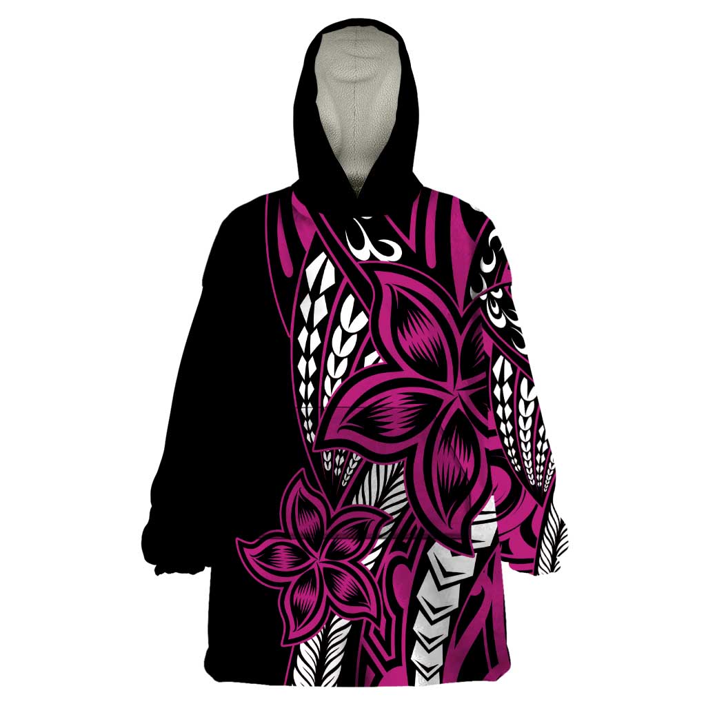 Polynesian Plumeria Floral Tattoo Pattern Wearable Blanket Hoodie Pink Style